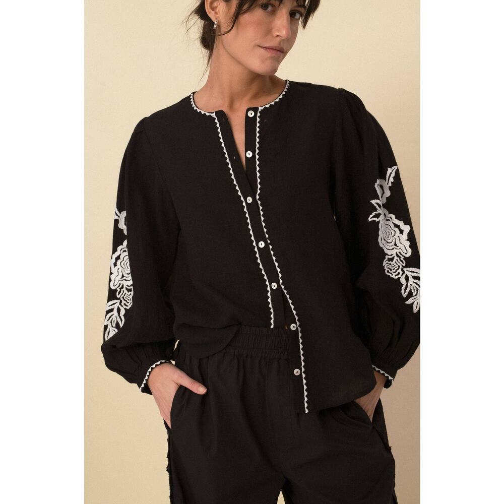 Sonmer Leonor Linen Embroidered Blouse in Black